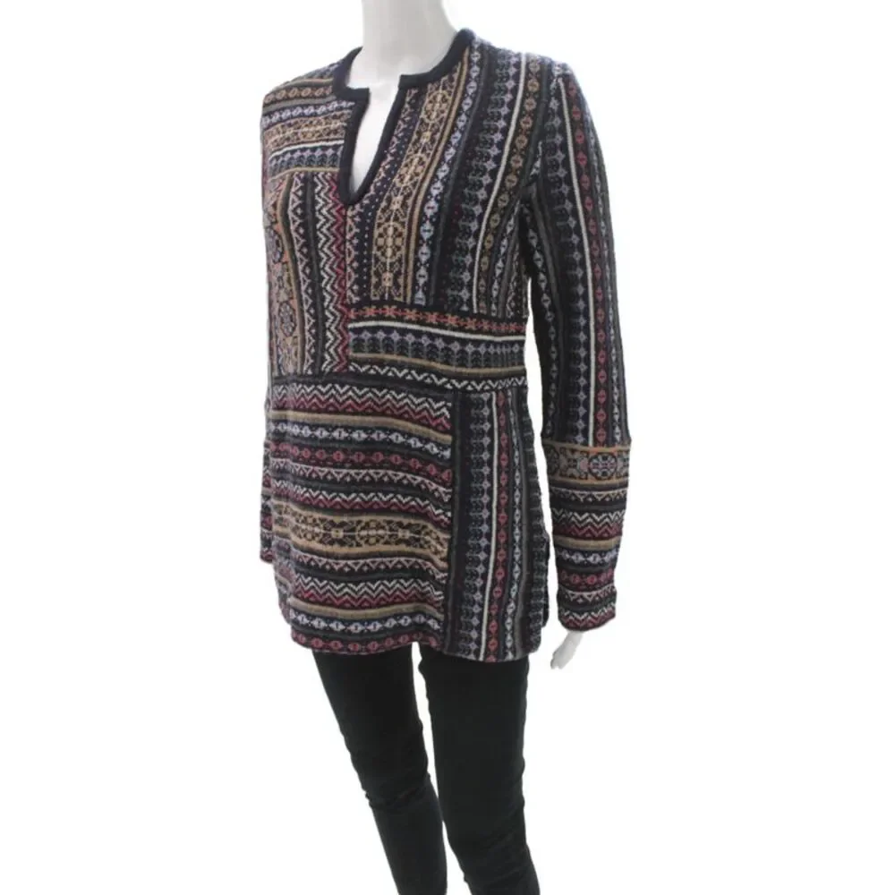 Tory Burch Womens V-Neck Fair Isle Black Tunic Sweater Bohemian Size S